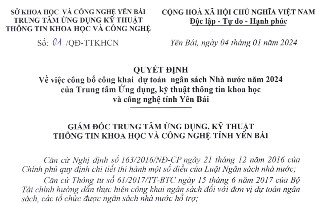 QĐ 01/QĐ-TTKHCN Về việc công bố công khai dự toán ngân sách nhà nước năm 2024 của Trung tâm Ứng dụng, kỹ thuật, thông tin khoa học và công nghệ.